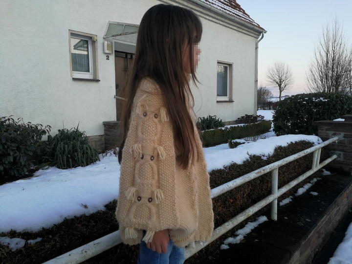 *Strickanleitung* Poncho-Pullover mit Eulen und Zöpfen Gr. 134/140/146