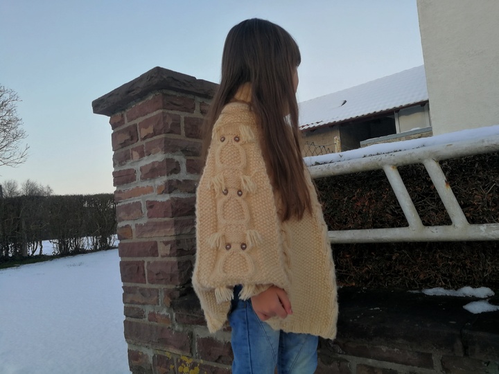 *Strickanleitung* Poncho-Pullover mit Eulen und Zöpfen Gr. 134/140/146