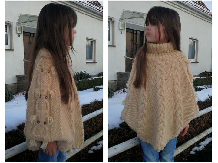 *Strickanleitung* Poncho-Pullover mit Eulen und Zöpfen Gr. 134/140/146