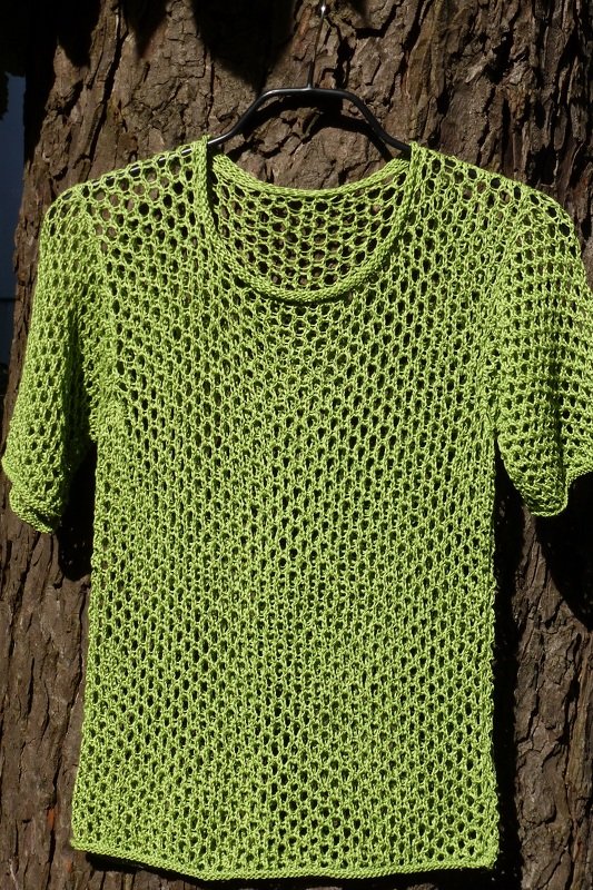 limettengrüner, ajourgestrickter Kurzarm-Pullover an Kleiderbügel vor Baumrinde