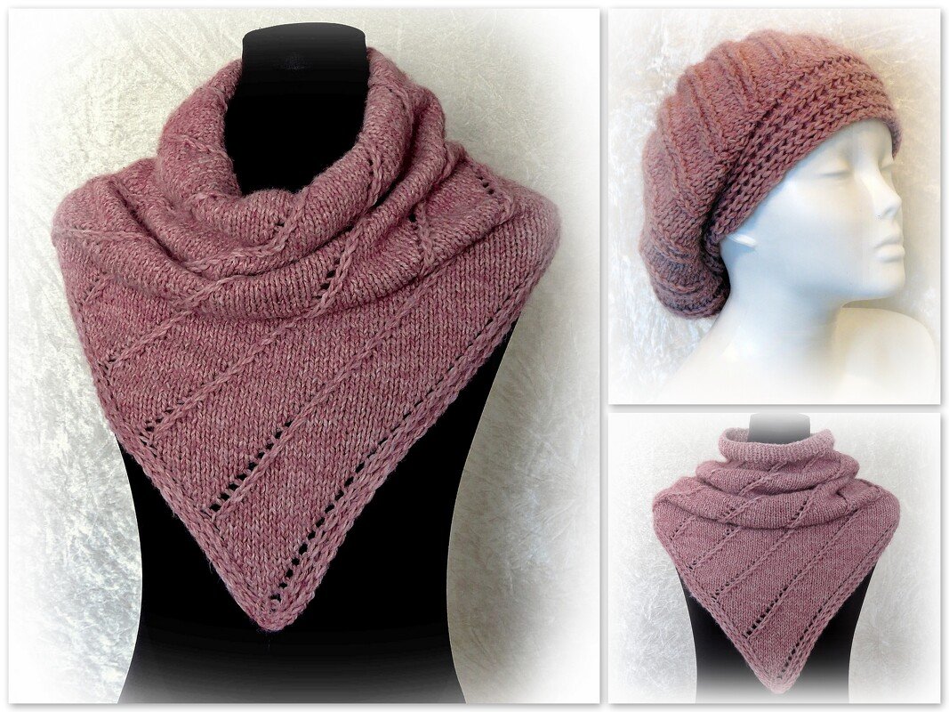 Triangular dusty rose knitted shawl draped on a black mannequin with a matching slouchy hat shown on a mannequin head