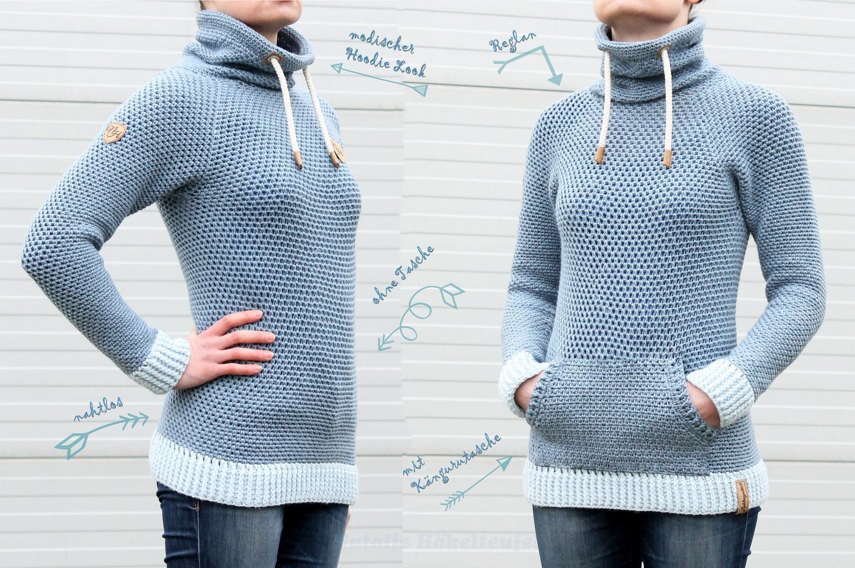 Hoody "Jeans", Size S-XXL, Raglan, seamless, PDF + Link to video