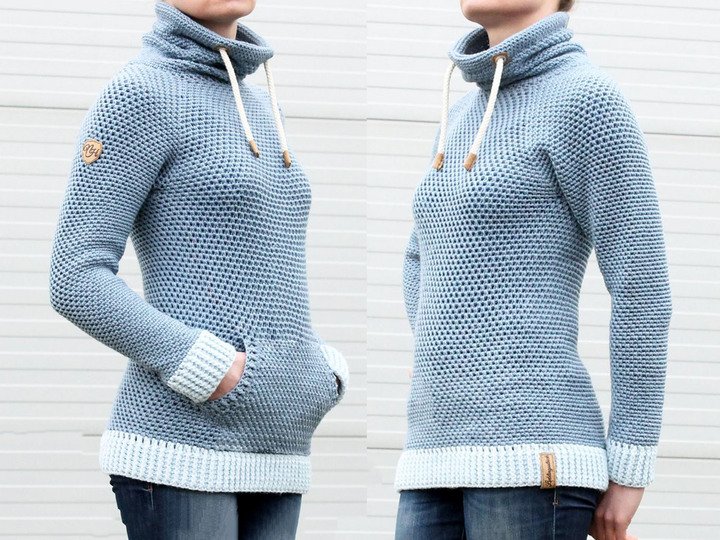 Hoodie "Jeans" (Raglan, nahtlos), Gr. 36-54, PDF + Link zum Video