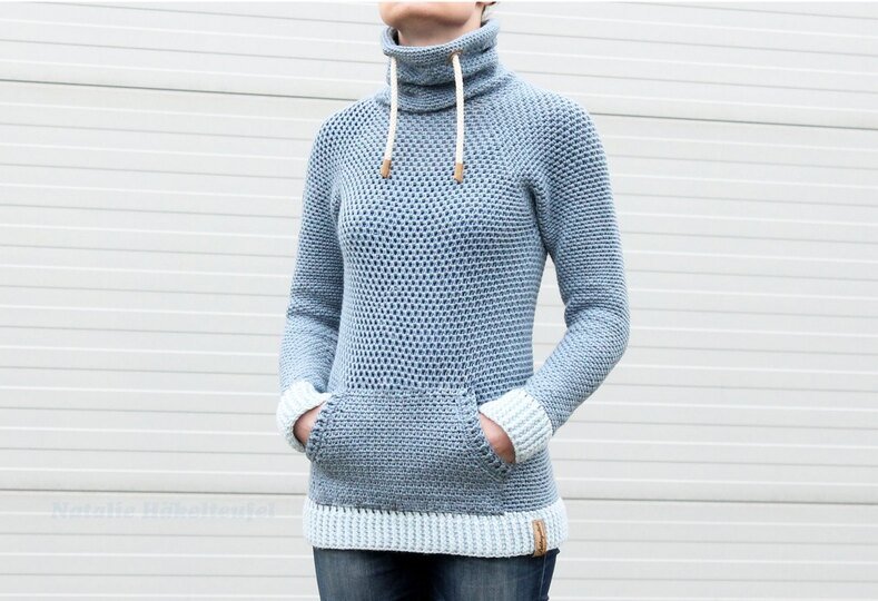 Hoodie "Jeans" (Raglan, nahtlos), Gr. 36-54, PDF + Link zum Video