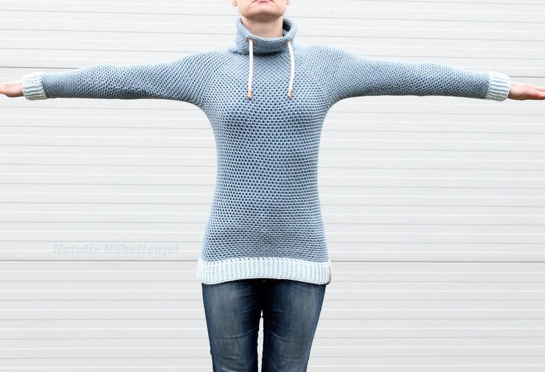 Hoodie "Jeans" (Raglan, nahtlos), Gr. 36-54, PDF + Link zum Video