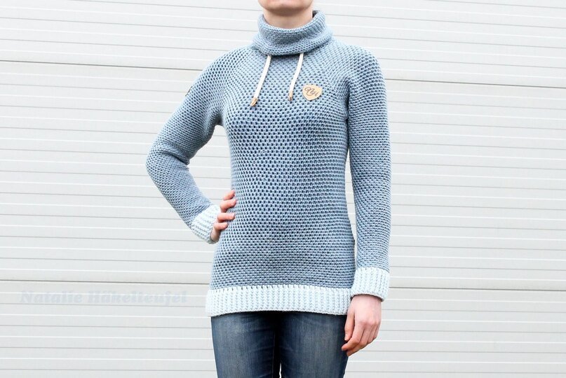 Hoody "Jeans", Size S-XXL, Raglan, seamless, PDF + Link to video