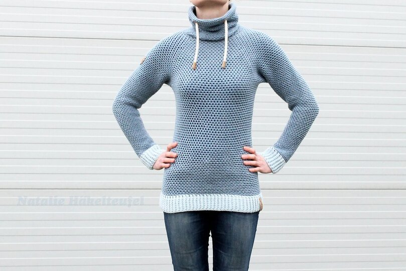 Hoody "Jeans", Size S-XXL, Raglan, seamless, PDF + Link to video