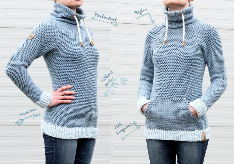 Hoody "Jeans", Size S-XXL, Raglan, seamless, PDF + Link to video