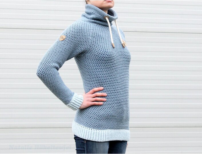 Hoody "Jeans", Size S-XXL, Raglan, seamless, PDF + Link to video