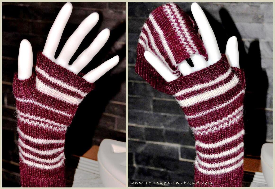 Fingerlose gestrickte Handschuhe bordeaux-weiß gestreift auf Mannequin-Hand
