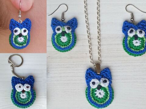Crochet Pattern Owl Jewlry, pendant, earrings, key chain
