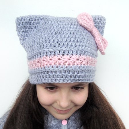 Cat hat with bow, Kitty ears hat
