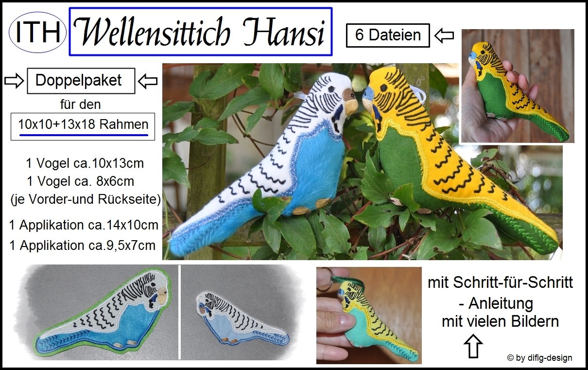 Ith Stickdatei Wellensittich Hansi für den 10x10 und 13x18 Rahmen