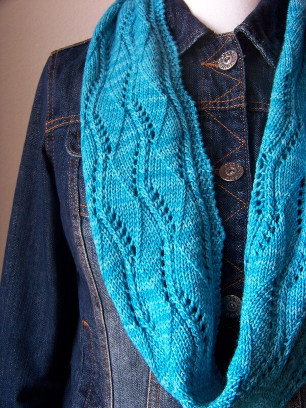 Detailansicht türkiser gestrickter Loop mit Ajour-Lochmuster