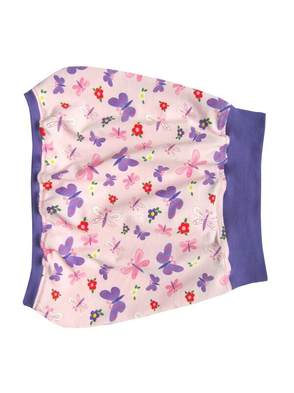 Rosa Kinderrock mit lila Bündchen und Schmetterlings- sowie Blumenmuster