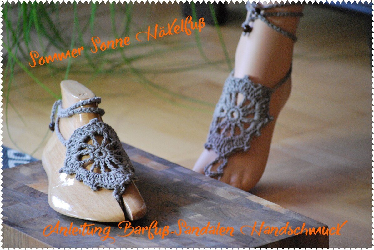 Barfuß-Sandale mit Häkelschrift Morgensonne