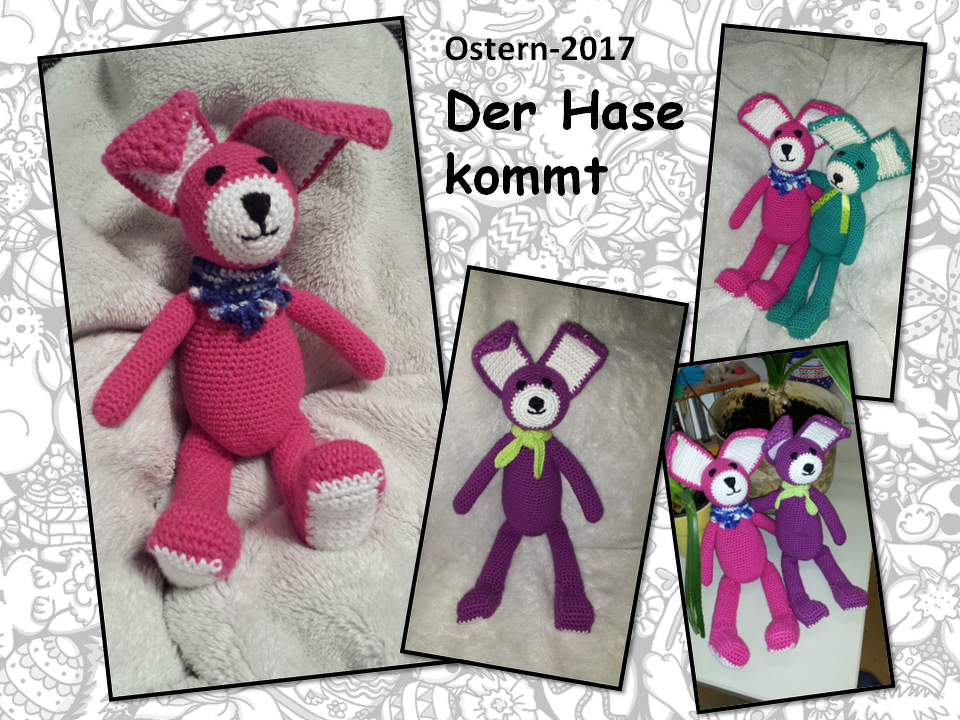 Mehrere farbenfrohe gehäkelte Amigurumi-Hasen in einer Collage vor gemustertem Hintergrund