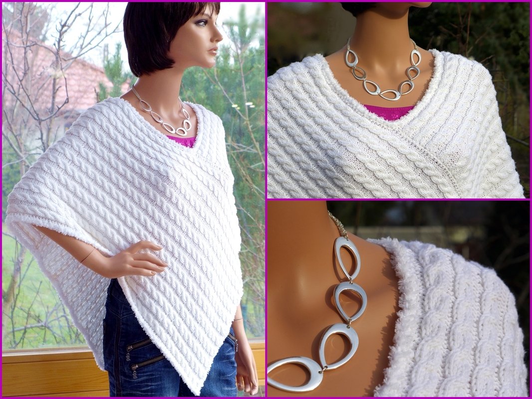 Strickanleitung Weißer Kurz-Poncho Gr. 38 - 42