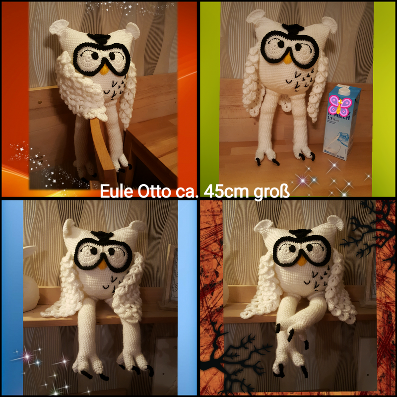 Weiße gehäkelte Amigurumi-Eule mit schwarzen Augenringen, gelbem Schnabel und langen Beinen