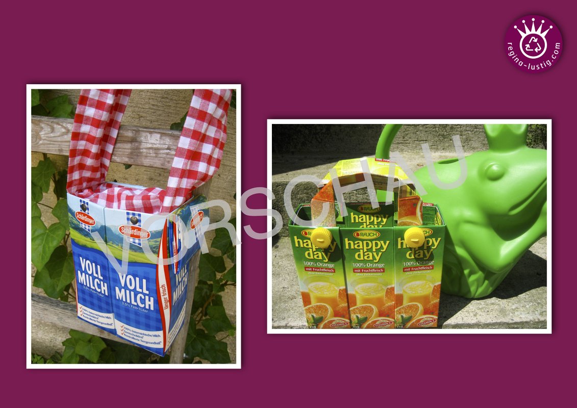 Links eine Tasche aus blauen Milchkartons mit rot-weiß kariertem Tragegurt, rechts ein kleiner Tragekorb aus Saftkartons neben einer grünen Frosch-Gießkanne.