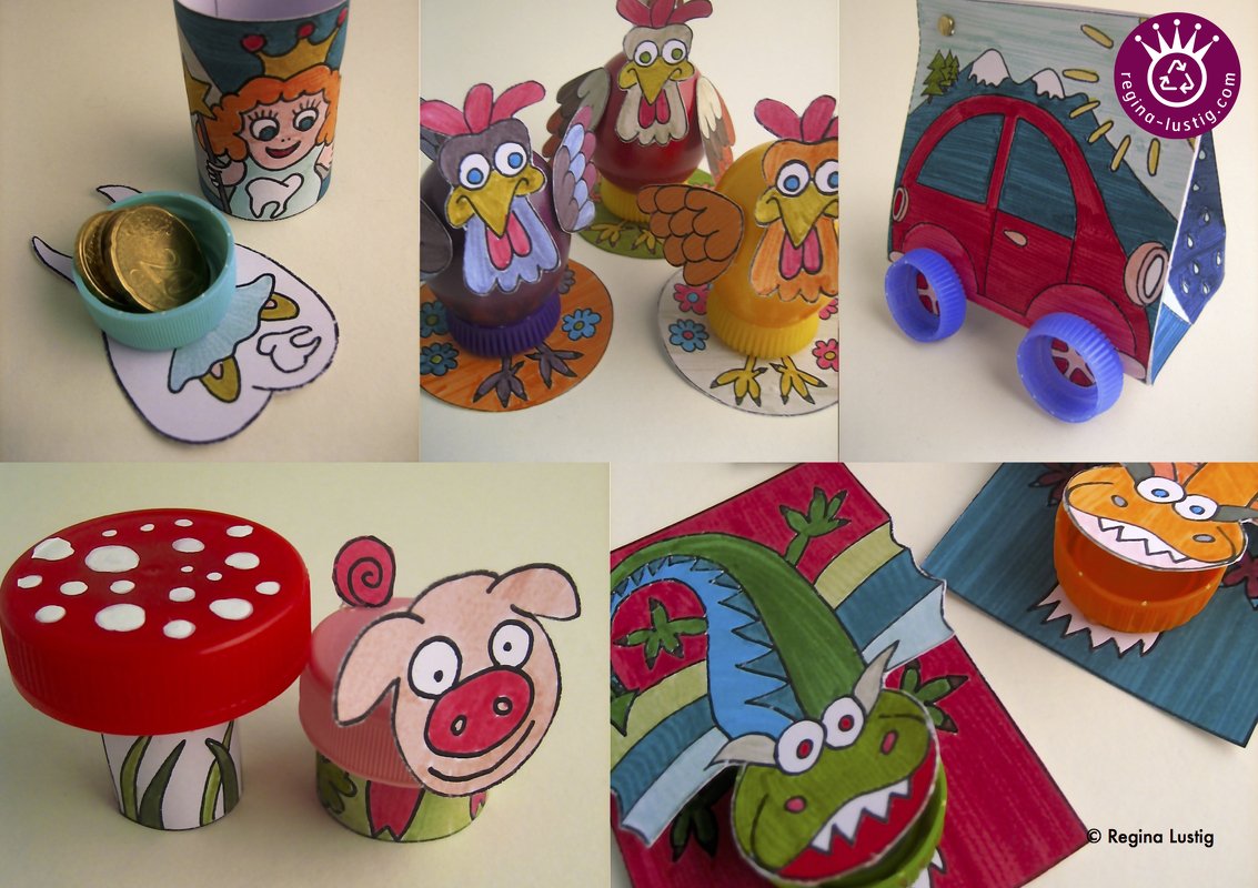 10 lustige Modelle, Basteln mit PET-Verschlüssen und Papier, Upcycling, Recycling