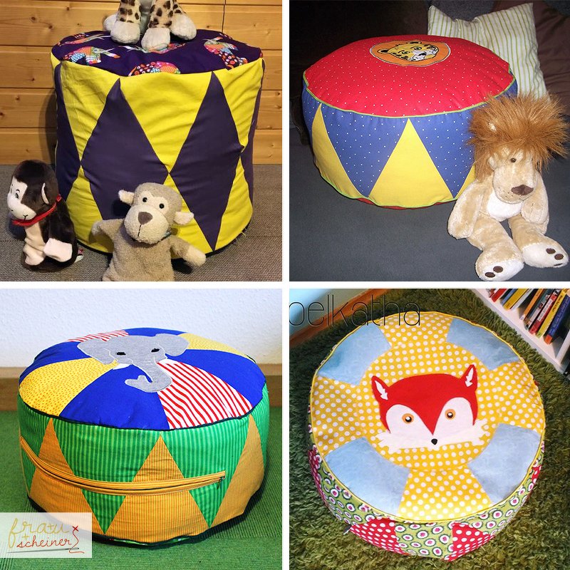 Vier bunte, runde Sitzpoufs mit Dreieckspanelen und applizierten Tiermotiven
