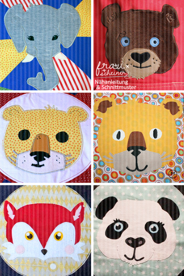 Applikationsvorlage Fuchs, Elefant, Bär, Panda, Tiger und Löwe