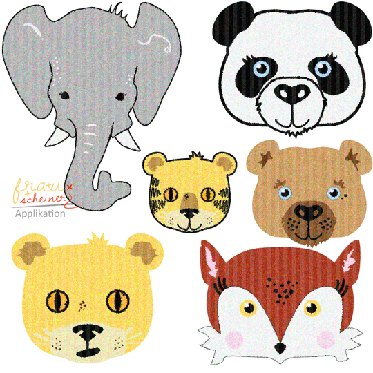 Applikationsvorlage Fuchs, Elefant, Bär, Panda, Tiger und Löwe