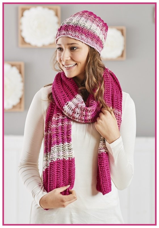 Schal und Mütze "Pink Lady" Tunesisch Häkeln