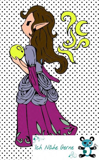 Elfenmädchen mit langen Ohren und langem Kleid, das eine gelbliche Kugel vor gepunktetem Hintergrund hält.