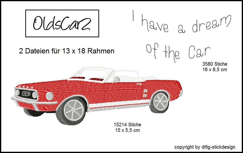 Stickdatei OldCars mit einzelner Schrift für den 13x18 Rahmen
