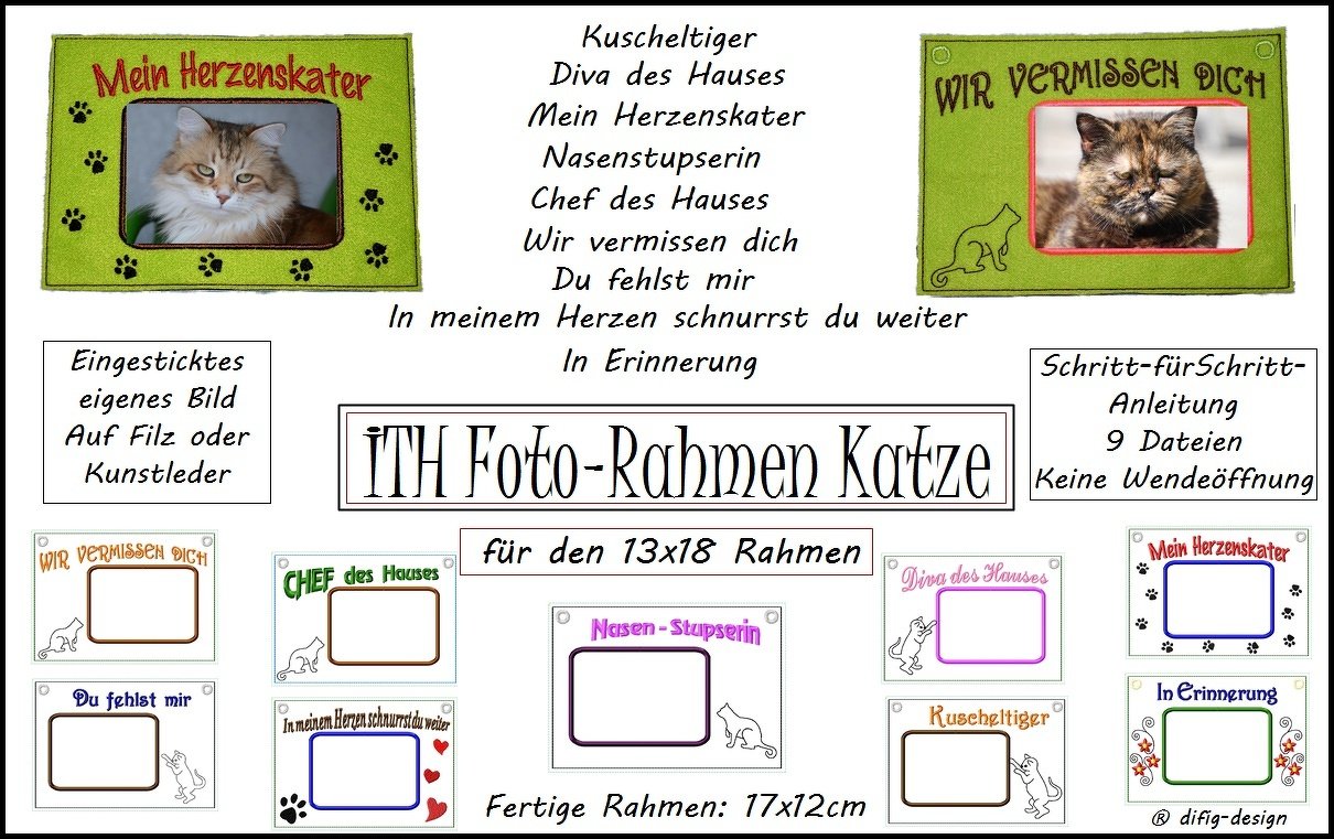 Ith Stickdateien Foto-Rahmen Katze für den 13x18 Rahmen