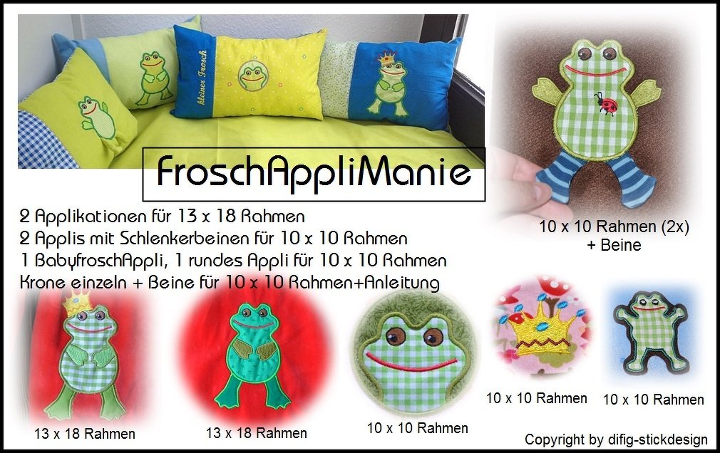 Stickdateien/Applikationen FroschAppliManie für den 10x10 und 13x18 Rahmen