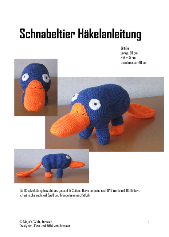 Blau-orangenes gehäkeltes Schnabeltier-Amigurumi in Vorder- und Seitenansichten mit Größenangaben