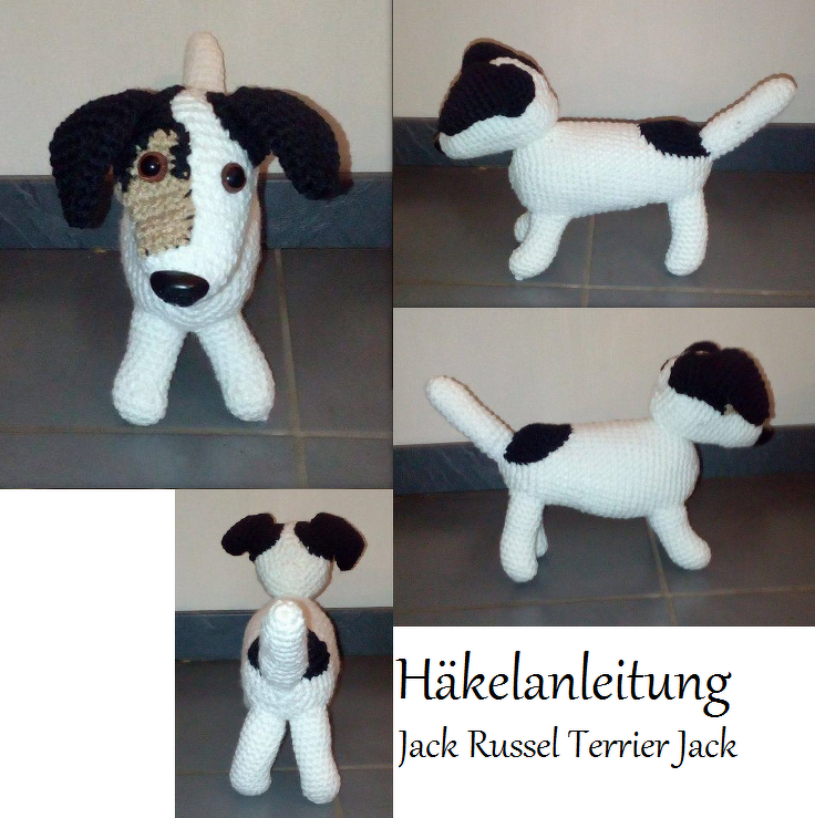 Gehäkelter Jack‑Russell‑Amigurumi in Weiß mit schwarzen Flecken und beiger Schnauze, Vorder- und Seitenansichten