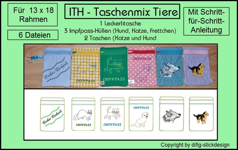 Ith Stickdateien Taschenmix Tiere für den 13x18 Rahmen