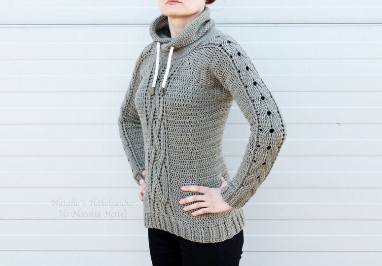 Hoodie with the cable braid pattern  (seamless, raglan), size: XS - XXL