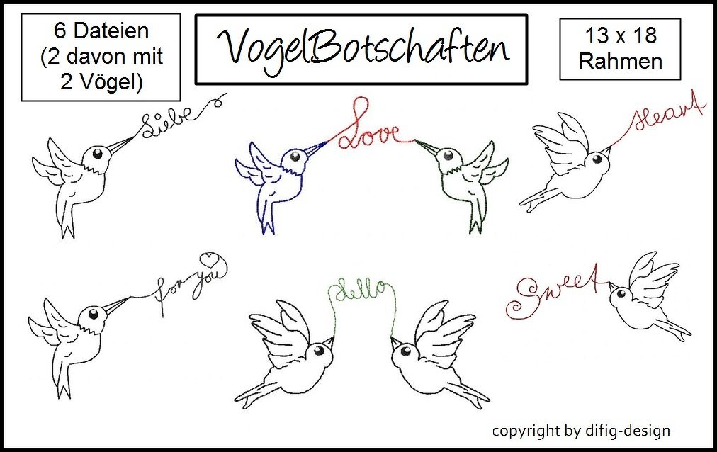 Stickdateien Vogelbotschaften, für den 13x18 Rahmen