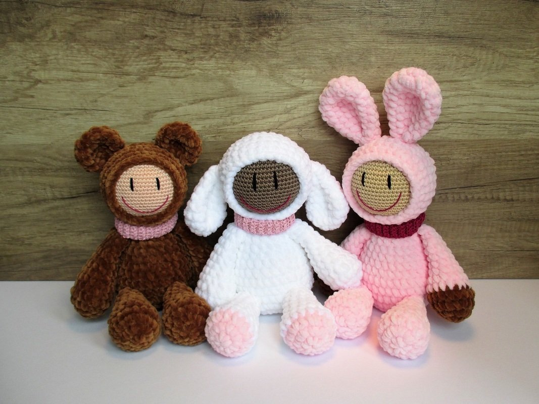 Häkelanleitung Plüsch-Trio Hase, Lamm, und Bär