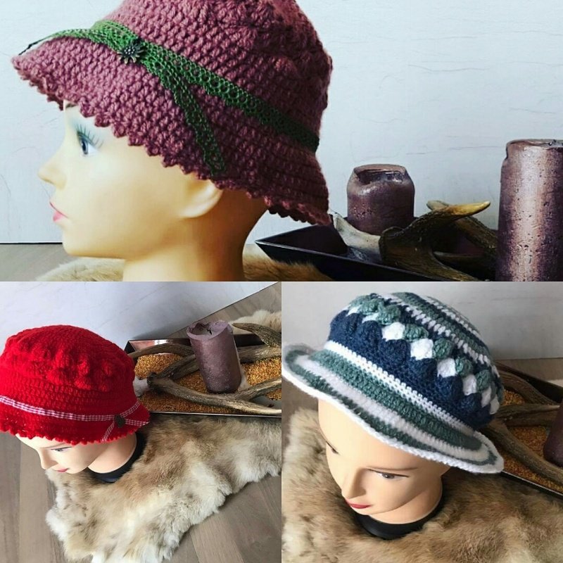 Drei gehäkelte Damen-Cloche-Mützen auf Schaufensterpuppen in Mauve, Rot und Blau-Weiß-Grün
