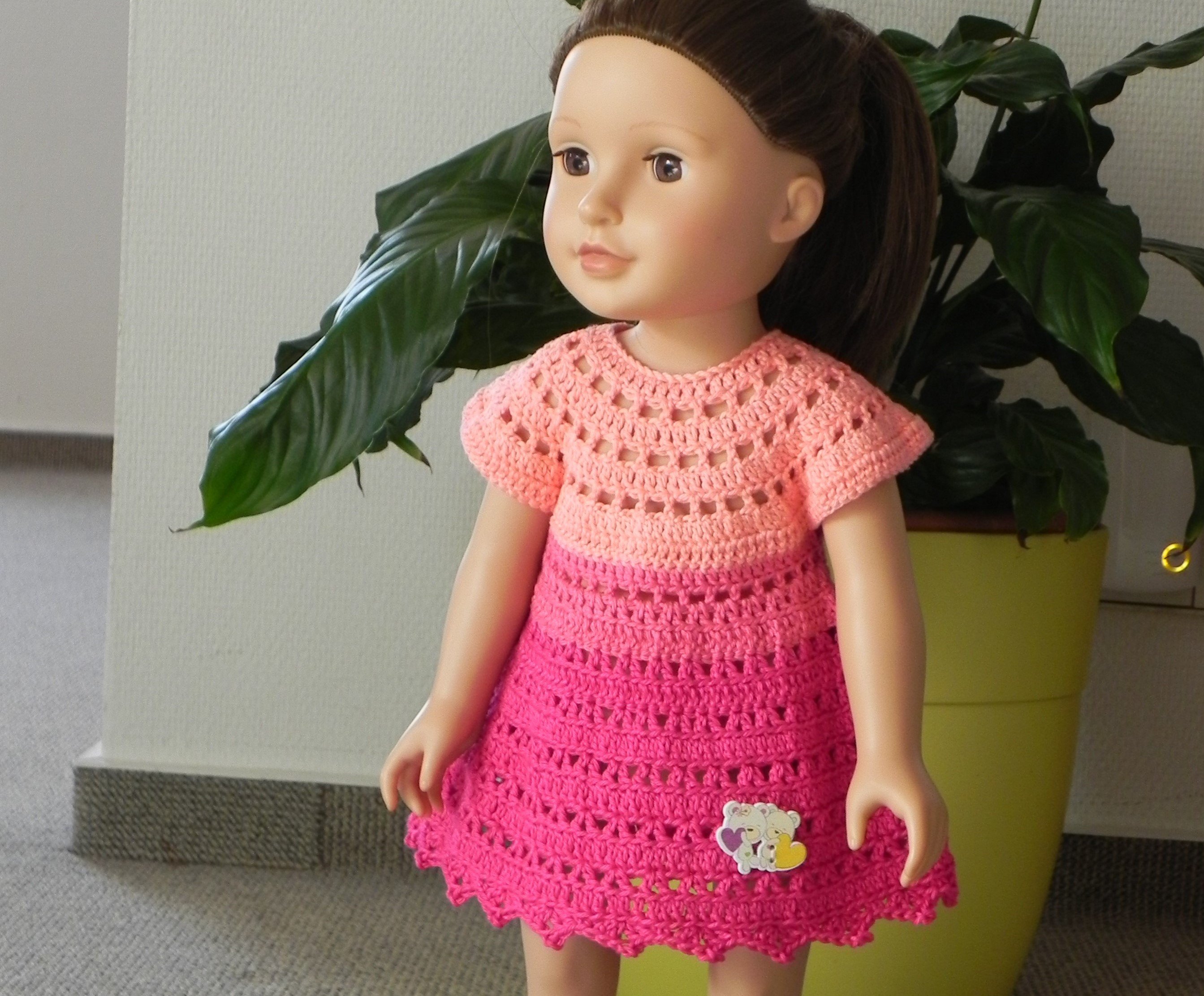 dolls for crochet dresses Free Easy Red Heart Debutante Doll Dress Pattern The Strappy Crochet Dress features a fitted bodice 18 Inch Doll Crocheted Dress