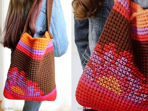 Tasche häkeln Umhängetasche Shopper mit aufgesticktem Blumenmotiv PDF