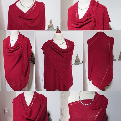 Collage mit mehreren Ansichten eines roten, asymmetrischen Stricktuchs auf einer Schneiderpuppe