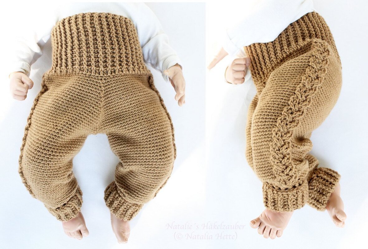 Front and side views of tan crochet baby pants with high ribbed waistband, cuffed legs and braided side seam