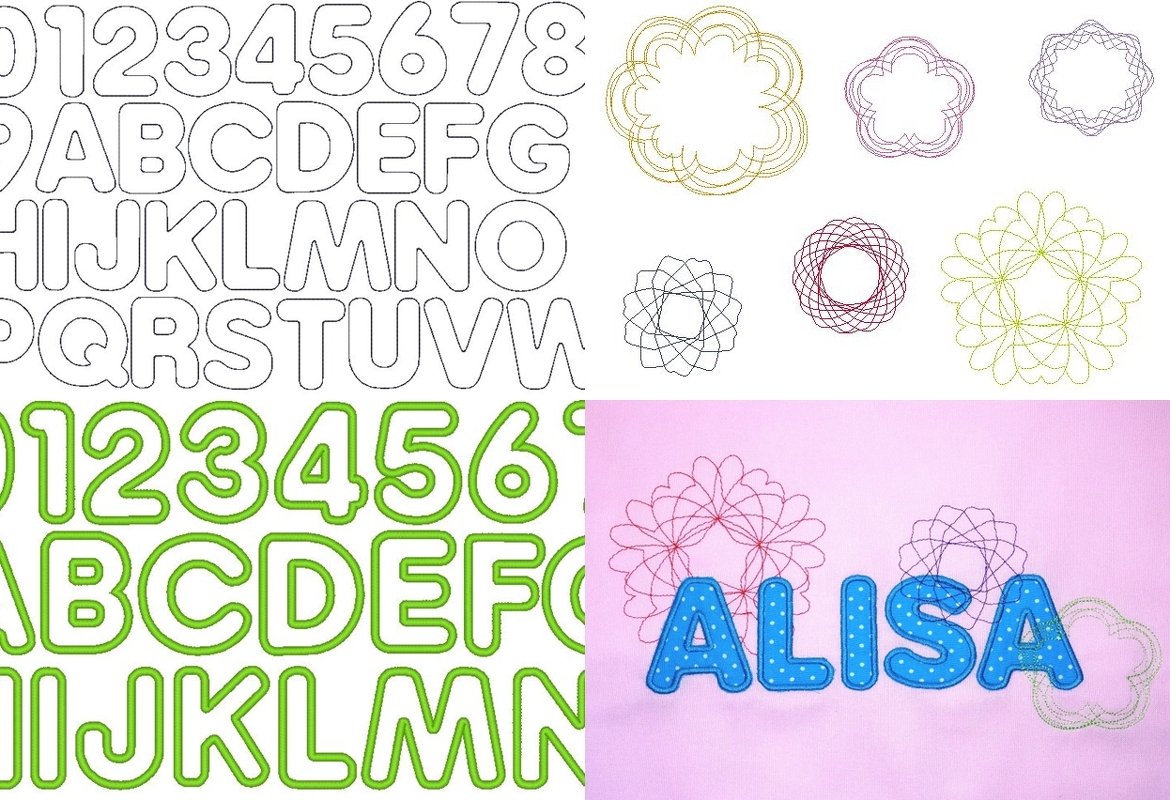 Sparset 2 Sets 5cm Buchstaben + Zahlen + Blumen Stickdatei