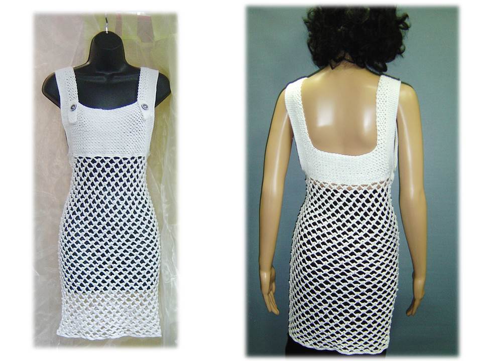 Weißes gehäkeltes Kleid mit dichtem Oberteil und offenem Netzrock, Vorder- und Rückansicht
