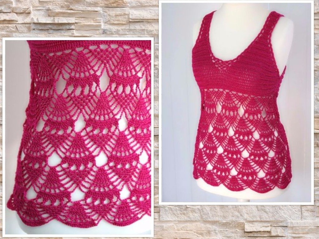 Fuchsia crochet tank top with V-neck and scalloped fan-stitch lace lower half on a white mannequin.