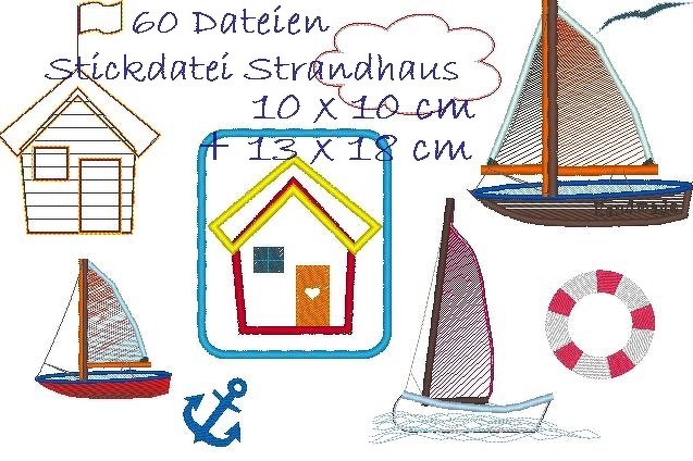 Anker Stickdatei mit Strandhaus Boot und Möwe bis 13x18cm Maritim
