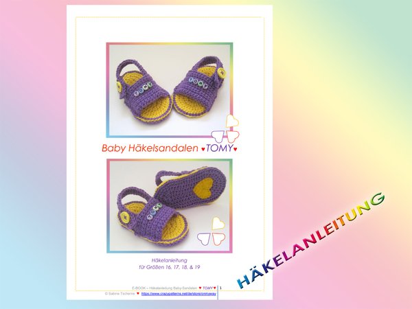 Häkelanleitung:  Baby Sandalen mit Herz Applikation (4 Größen)