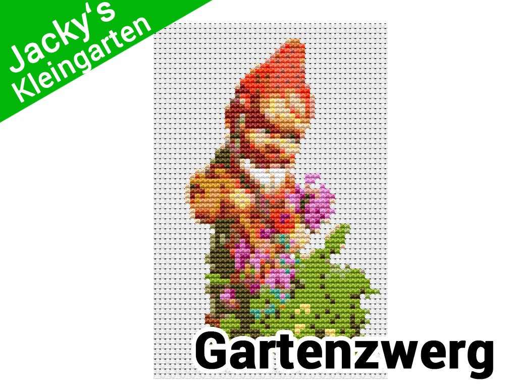 Stickbild „Gartenzwerg" für Klappkarte (10 x 15 cm Ausschnittsformat) aus der Serie Jacky's Kleingarten (DMC Garn)